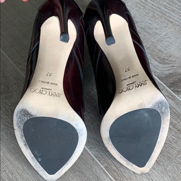 JIMMY CHOO Mazzy 110 Bordeaux Black Shiny Leather Booties Heels - Picture 4 of 8